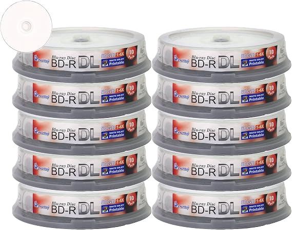 Smart Buy 100 Pack Bd-r Dl White Inkjet Printable 50gb 6X Blu-ray 100-disc | Large Capacity, Dual Layer Double Layer, Blank Data Audio Video Recordable Media Disc, Full White Surface for Inkjet Printer