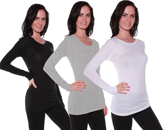 Active Basic Women's Long Sleeve Crew Neck T Shirt(Wht/H Gry/Blk-M)
