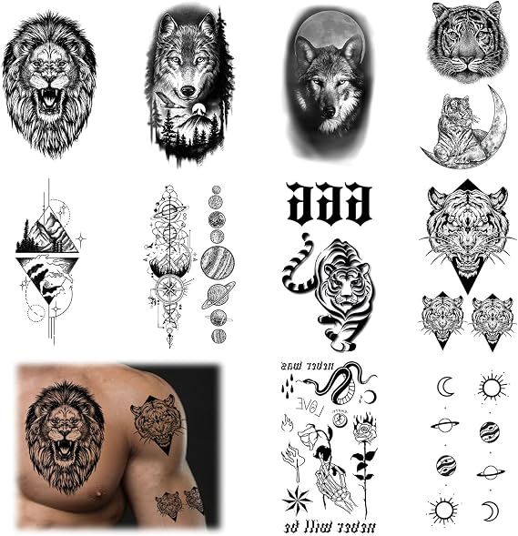 Temporary Tattoos,waterproof temporary tattoo,Body, arms, chest, shoulders, suitable for men and women, 10 black tattoo stickers - different designs(A,B,C,D,E,F) (A)