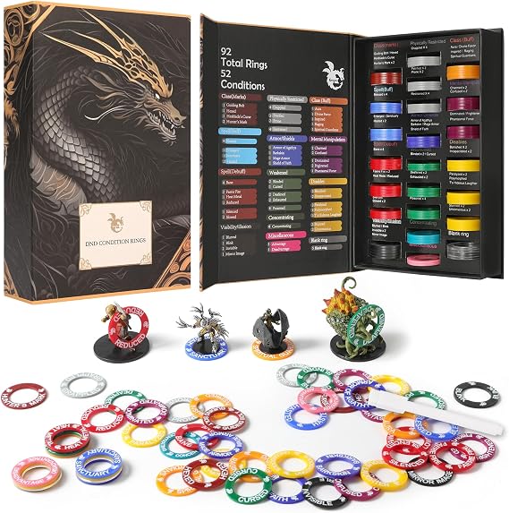 Grajar 52 Unique DND Miniatures Condition Rings, 92 PCS Status Effects Markers - Including 5 Customizable Blank Rings, Ideal for Dungeons and Dragons & 5th Edition, Best DND Gifts for DM