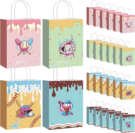 Yeyeplum 24 Pcs Ice Cream Drip Baseball Gift Bags with Handles Paper Baseball Ice Cream Drip Snack Goodie Treat Bags for Team Gift Sport Birthday Party Favors