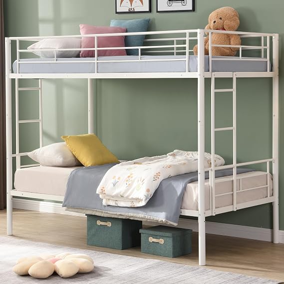 Bellemave Twin Over Twin Bunk Bed with Headboard and 2 Side Ladders, Heavy Duty Bunk Beds with Full Length Guardrail, Convertible Bunk Bed for Kids, Teens, Noise-Free Design, White