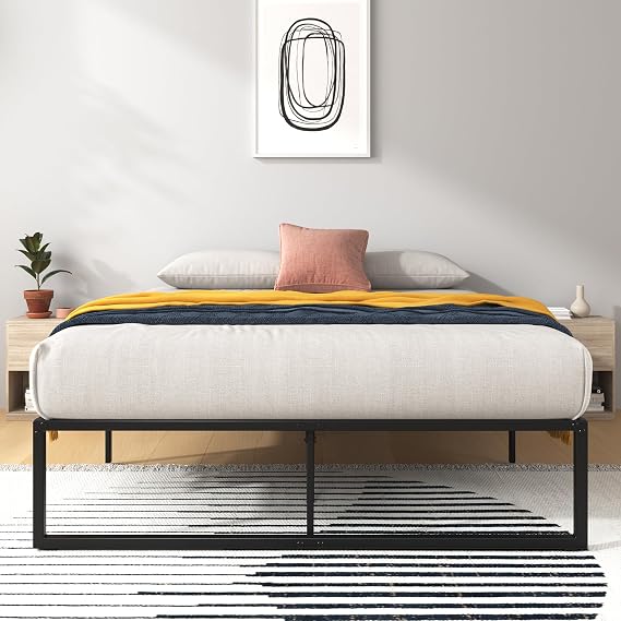 Zinus Lorelai Double Bed Frame - 4ft6 (135 x 190 cm) - 14.2'' Height - Metal Bed Base with Steel Slat Support - Storage Space Underneath - Easy Assembly - Black