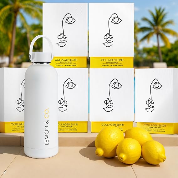 LEMON & CO. 12-Week Starter Kit Bundle Liquid Collagen for Women + Insulated Bottle - 5000mg Marine Collagen Peptides for Skin, Nails, Hair & Gut Health | Organic Lemons, Vitamin C, No Preservatives