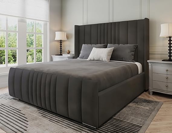 Manhattan King Size Bed Frame 5ft, Modern Plush Velvet Upholstered Panelled Design, Luxury King Size Beds for Stylish Bedrooms, Strong 5ft Bed Frame with Wooden Slats in Steel Plush