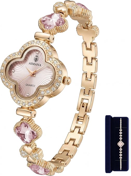 Gold Watches for Women, Rose Gold Tone Bracelet Watch for Ladies Jewelry, Vintage Quatrefoil-Shaped Pink Dial, Small Analog Quartz, Adjustment Tool Included