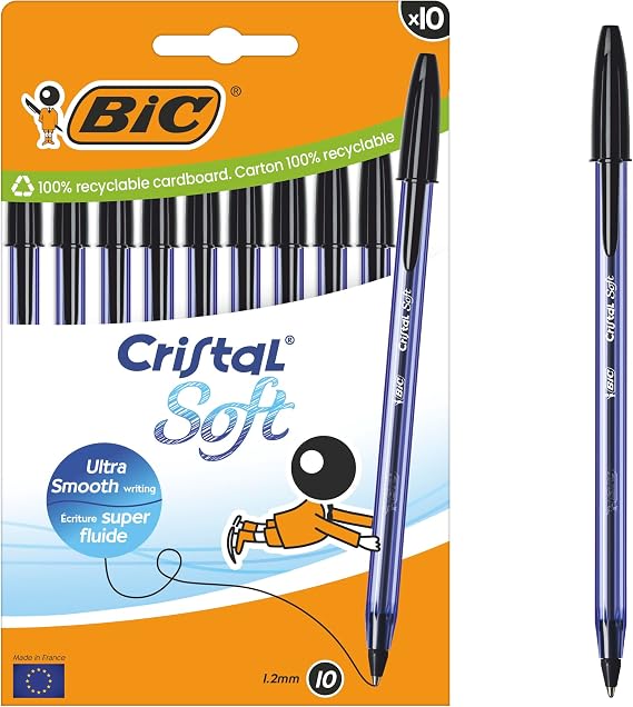 BIC Cristal Soft Ballpoint Pen with Medium Tip (1.2mm) with Softline Ink - Black Cardboard Box of 10