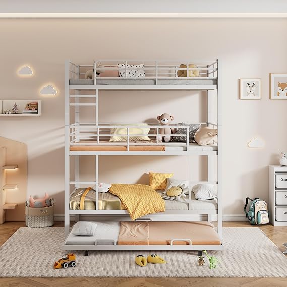 RuiSiSi Triple Bunk Bed Twin Over Twin Over Twin with Trundle for 4 Heavy Duty Metal Bunk Beds Frame, Can Be Divided Into 2 Beds(White)