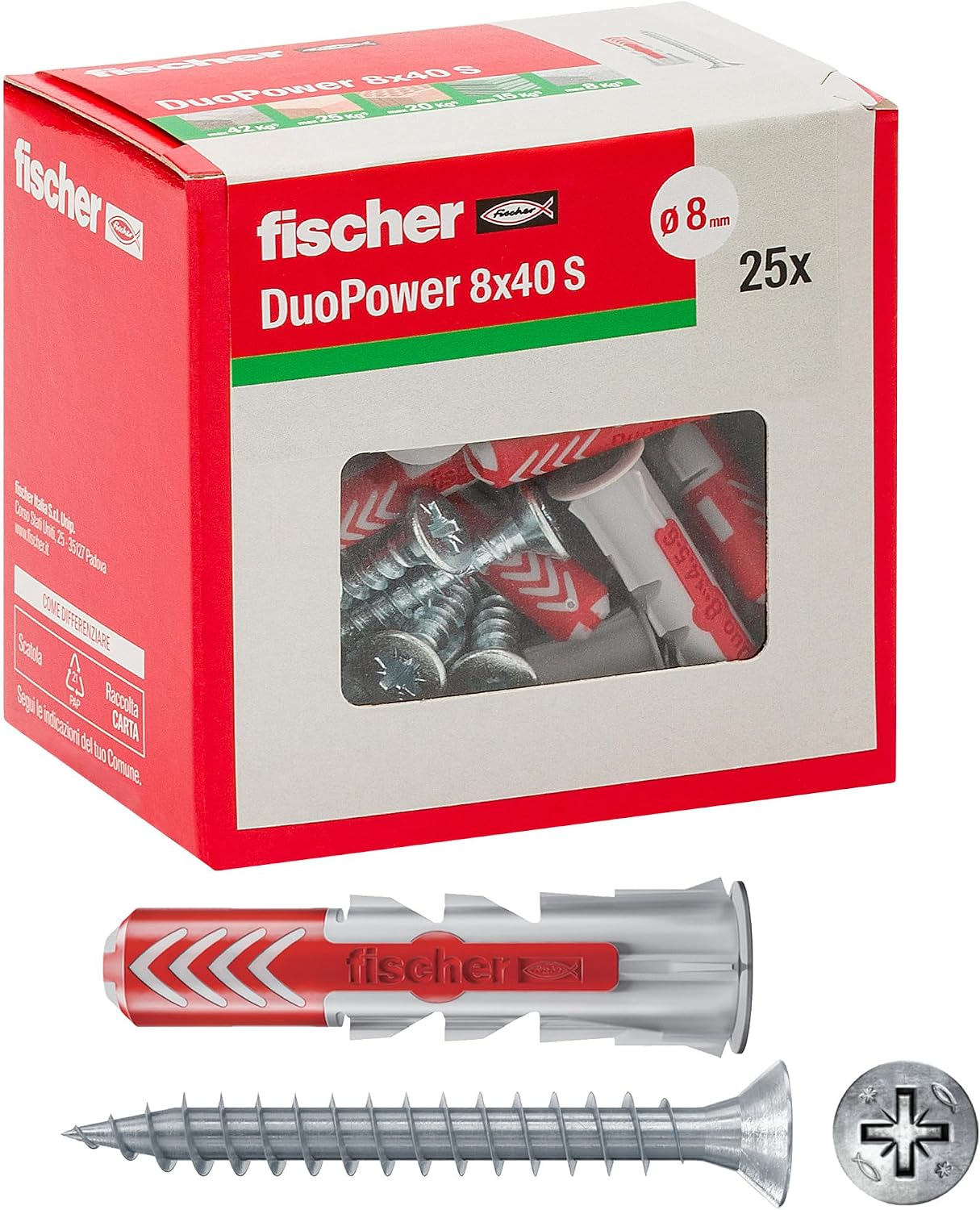 Fischer 544017 25 Duopower Dowels with Screw, 8 x 40 mm, for Full Wall, Perforated Brick, Plasterboard, Grey, Set of 25 Pieces