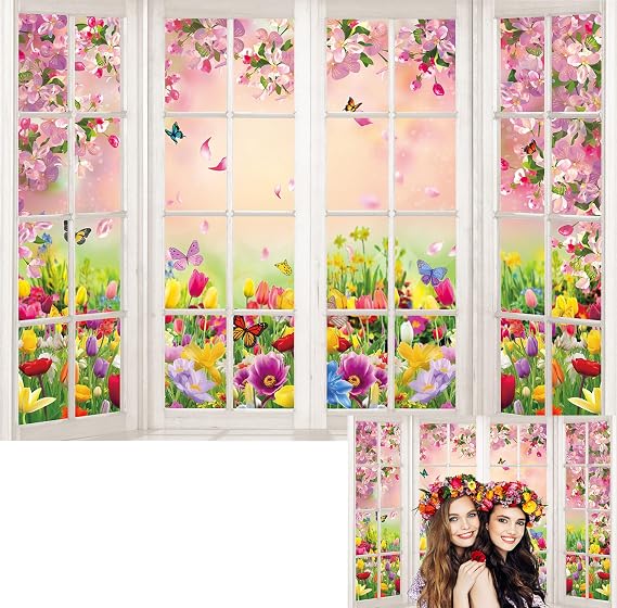 Spring Window Flower Scene Backdrop White Window Sill Flower Garden Butterfly Photography Background Pink Petal Colourful Butterfly Backdrop for Birthday Party 8x6ft