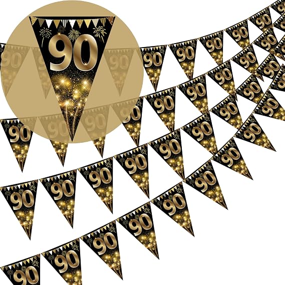 40 Pieces Happy 90th Birthday Banner Bunting Flags Gold and Black Glitter 90th Birthday Anniversary Party Decoration Supplies 90th Birthday Triangle Flag Banner for Men Women