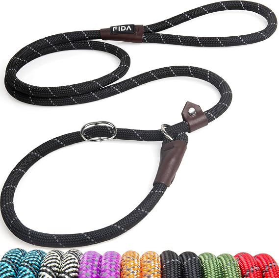 Fida Durable Slip Lead Dog Leash, 6 FT x 1/2" Dog Training Leash, Black | For Large Medium Dogs, Comfortable Heavy Duty Rope Slip Leash, Highly Reflective for Night Safety, No Pull Pet Loop Leash