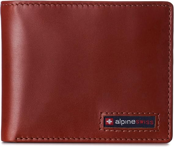 Alpine Swiss Mens Wallet for Men | RFID Protected Leather Mens Wallet | Spencer Bifold with Divided Bill Section | Gift Box | 2 ID Windows | 14 Card Storage Pockets for Organization Glossy Nappa Tan