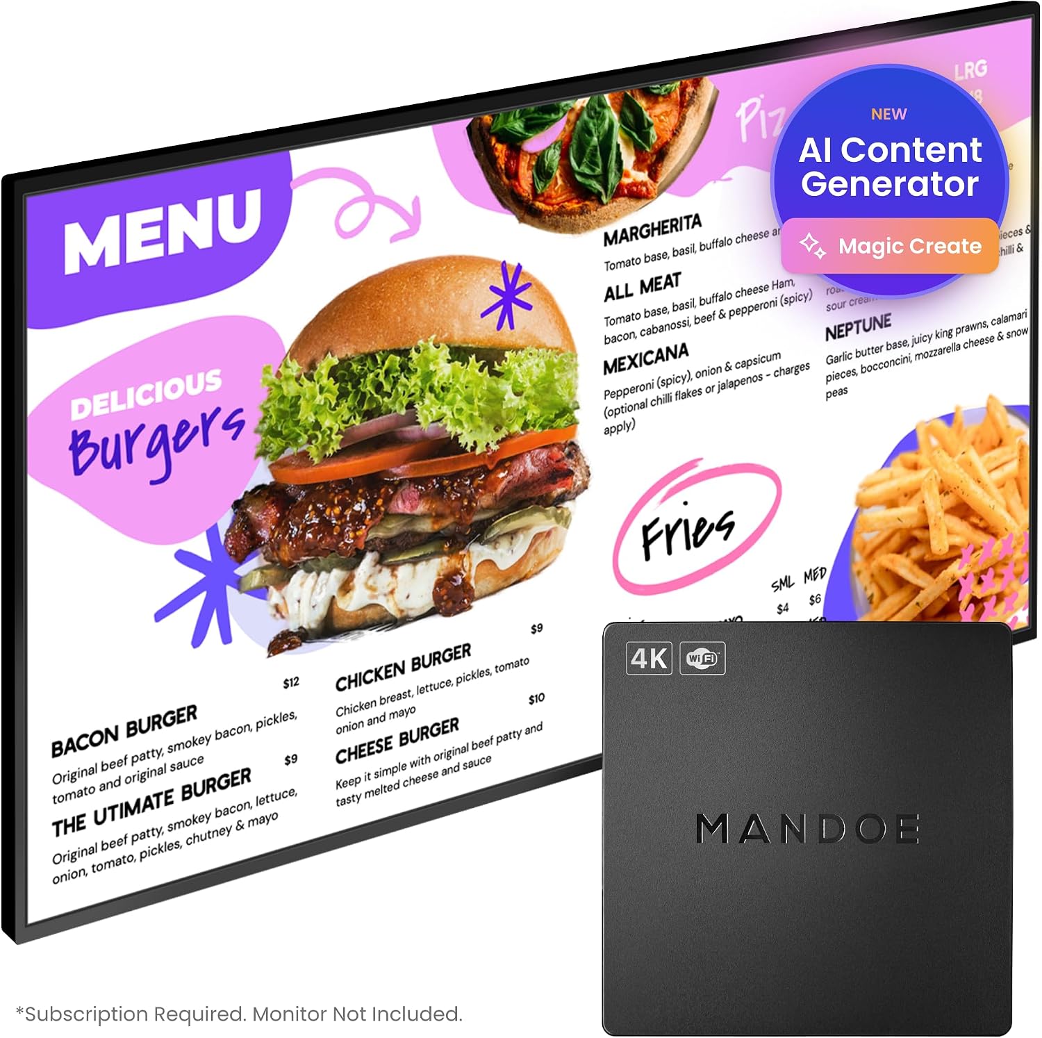 Digital Signage Player by Mandoe – Easy Setup, AI Template Creation, Premium Templates for Restaurants, Retail, and Business Displays