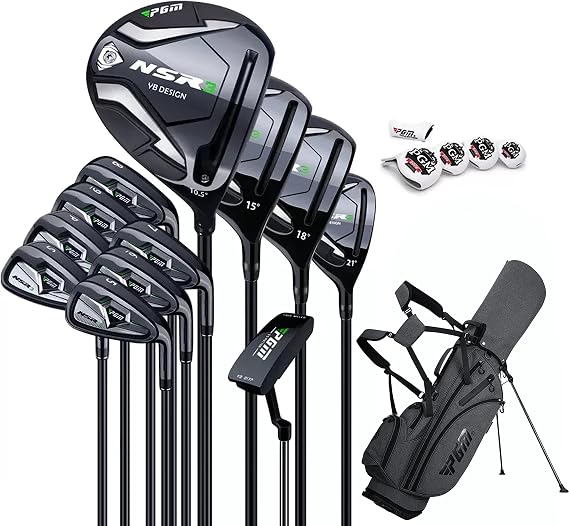 PGM Men's Complete Golf Club Sets - 12 Pieces - 3 Wood (#1,3,5), 1 Hybrid (#4H), 6 Irons(#5,6,7,8,9,PW), 1 Sand Wedge (52), 1 Putter - Golf Stand Bag, Right Handed+1inch