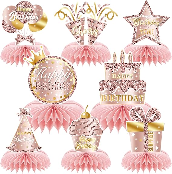 Pink Rose Gold Birthday Honeycomb Centerpieces Decorations Rose Gold Theme Party Table Centerpieces Women Girl Party Glitter Honeycomb Table Toppers Supplies