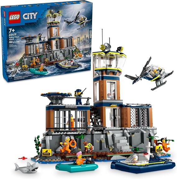 LEGO City Police Prison Island Building Set, Birthday Gift for Boys and Girls Ages 7 Plus, Imaginative Play, Helicopter Toy, Boat Toy and Dinghy, 7 Minifigures with Dog and Shark, 60419