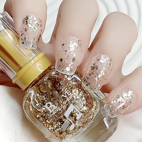 ASMAYSA Clear Sparkle Top Coat, Glossy Gold Shimmer Quick Dry Nail Color, Reflective Shine Top Coat for Nail Art, Holiday Sparkle Gift for Girls