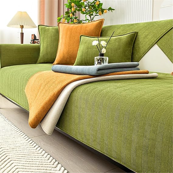 LINGKY Herringbone Chenille Fabric Furniture Protector Sofa Cover 1 2 3 Seater, Non-Slip Sofa Slipcovers for Corner L Shape, Thick Textured Sofa Cushion Covers Furniture Protector (Green,70x180cm)