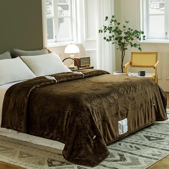 JET'S HOME Heated Blanket Queen Size, 4 Heat Level Electric Blanket, Brown | 10 Hours Auto-Off, Machine Washable Heated Throw Blanket, ETL FCC Certified, Skin Friendly Soft Flannel Sherpa, 84x90"
