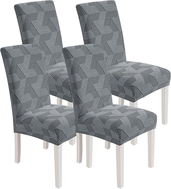 XINEAGE 4 Packs Dining Chair Slipcovers, Geometrical Jacquard Parson Dining Chair Covers, Washable Chair Protectors for Dining Room, Kitchen, Restaurant, Hotel, Light Grey