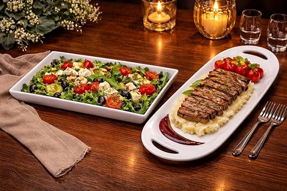 Beyaz Seramik Sunum Tabağı Seti 6'lı, Dikdörtgen ve Oval Tasarım, Restoran ve Ev Kullanımı için, 6 Parça