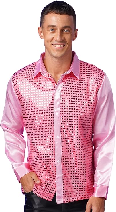 Men's Shiny Sequins 70s Disco Shirts Club Dancewear Sparkly Tops Halloween Christmas Outfits
