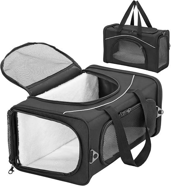 Petsfit Foldable Pet Travel Carrier, Airline Approved Dog Carrier, Black Pet Carrier, Two-Way Placement on Plane, 47cm x 24cm x 31cm