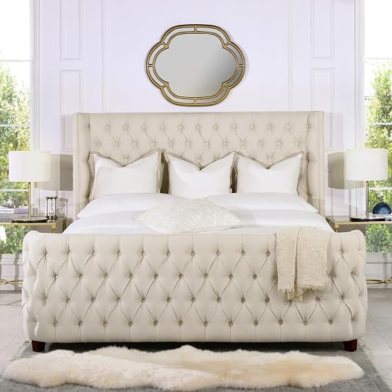 Sleigh Bed Frame King - Luxury Bed Frames with Button Tufted and Wingback Headboard, Upholstered Bed Frame with Four Box Spring Supports, Box Spring Required, Beige