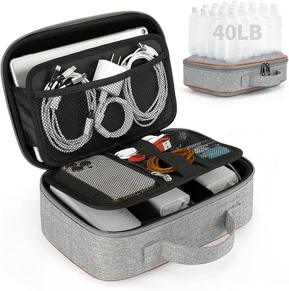 ZOMFELT Electronics Organizer Travel Case, Hard EVA Travel Organizer, Shockproof Bag Organizer, Double Layer Cord Organizers, Large Cable Organizers Bag, Tech Organizers for Men, Phone, Cord, Grey