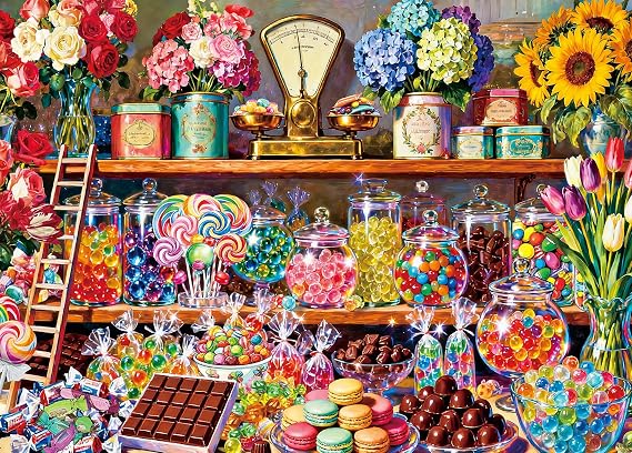 1000 Piece Jigsaw Puzzle for Adults- Colorful Candy Shop Floral Display Vintage Sweet Treats Paper Puzzle for Relaxation Home Decor (27.5" x 19.7")