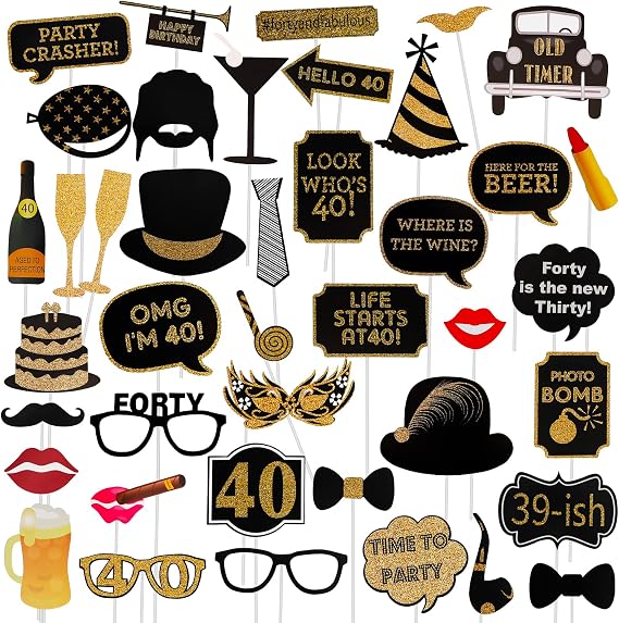 40th Birthday Photo Booth Props - 41 Pcs Black and Gold Decor, Funny Milestone Party Supplies for Men & Women, Retro 1986 Theme Selfie Station Accessories for Surprise Party, 40th Celebration Bash