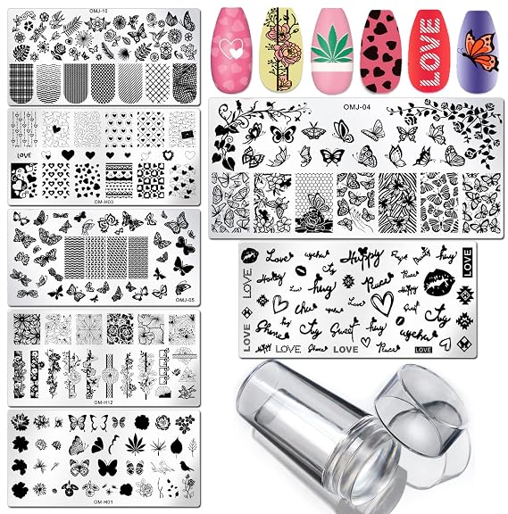 LoveOurHome 7pc Valentine Nail Stamping Kit Flower Butterfly Lace Geometric Nails Stamp Plate Template Stencil Manicure Fingernails DIY Design Tools with Clear Stamper Scraper for Women Kids Gilrs