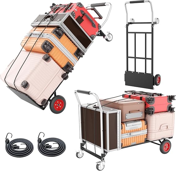 Hand Truck Dolly Heavy Duty, 2 in 1 Convertible Hand Truck and Dolly with 10" Flat-Free Wheels & Brakes, 600LBS Capacity, Includes Elastic Straps for Moving, Warehouse, Garden, Office Use, Black