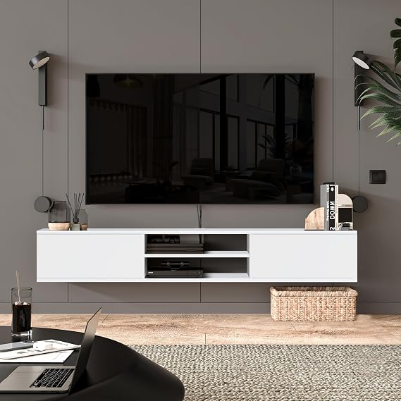 Atelier Mobili Floating TV Stand Wall Mounted, 70 inch Media Console, Floating Entertainment Center, White TV Stand for 75 inch TV