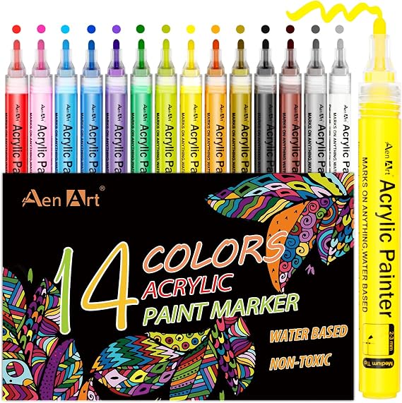 Aen Art Paint Pens for Rock Painting, Acrylic Paint Markers for Pumpkin Painting Card Making Craft Stone Ceramic Glass Wood Canvas - Set of 14 Colors Acrylic Pen Craft Supplies