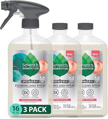 Seventh Generation Foaming Dish Spray, Honey Crisp Apple 16 Fl Oz Pack of 3, Refill Pack of 3 with 1 Sprayhead