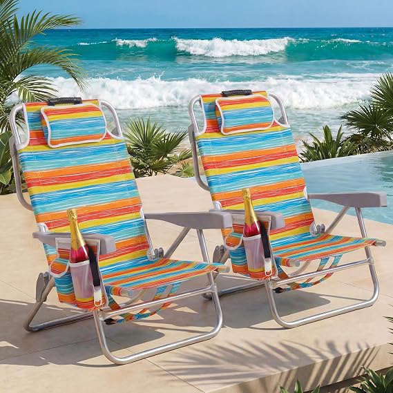 Compact Portable Beach Chairs for Adults 2 Pack, 5-Position Aluminum Lay Flat Backpack Beach Chair, Low Beach Chair with Cooler Pouch, Storage Pouch, Towel Bar, Cup Holder, Rainbow Stripe 2 Pack