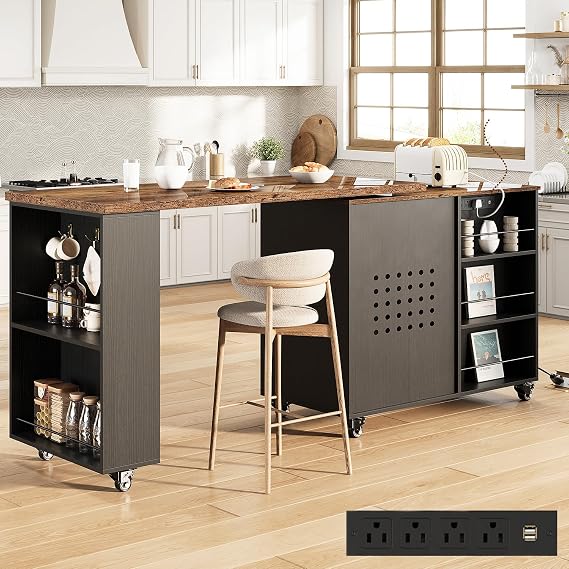 HSH 71 Rolling Kitchen Island with Storage Seating on Wheels, Rustic Brown