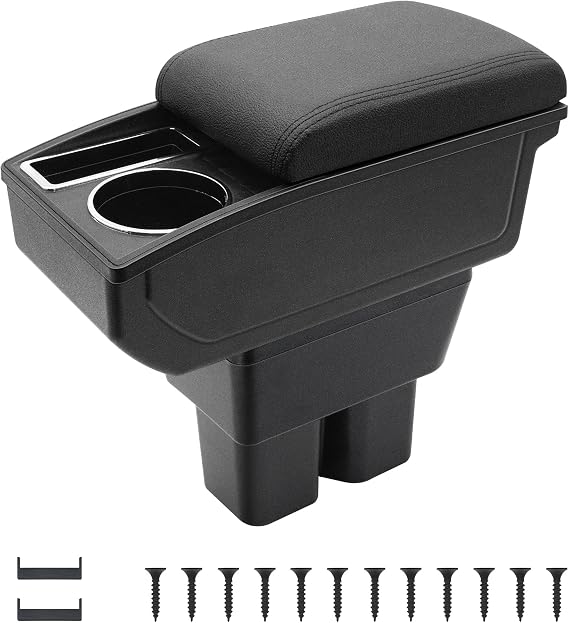 Car Armrest Box Compatible With Suzuki Jimny 2019-2024 | Double-Decker Storage Space, with Cup Holders, Easy to Assemble, Adjustable, PU Leather, Black Line
