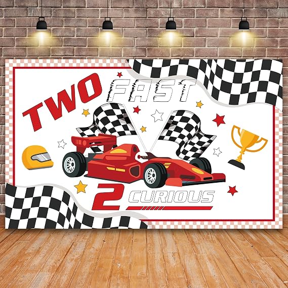 Two Fast 2 Curious Backdrop Racing Theme 2nd Birthday Party Photography Background for Boys Race Car 2nd Birthday Party Supplies Studio Photoshoot Props 6x3.6 ft