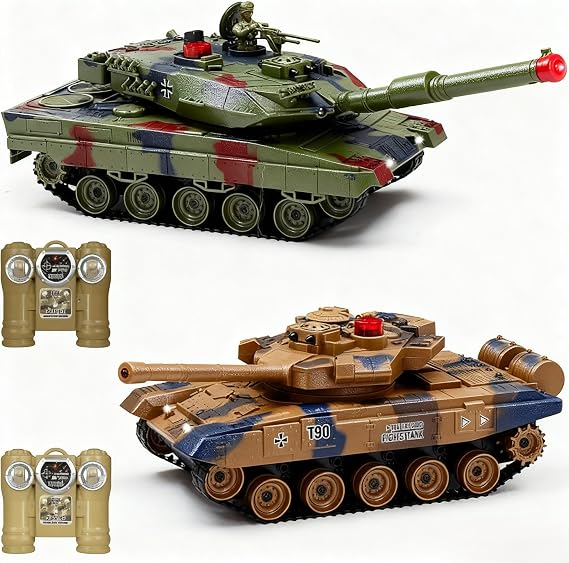 Fistone 1/24 RC Battle Tank Set - Remote Control T90 & Leopard Tanks with Realistic Sounds, Lights, Life Indicators, and Spray Effects - Military Toy for Kids & Adults