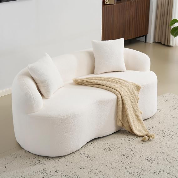 67Curved Loveseat Sofa for Living Room, Deep Seat Love Seat Couch with 2 Throw Pillows, Modern Loveseat Adopt Teddy Fabric, Suitable Small Spaces The Cloud Loveseat, No Assembly Needed, White