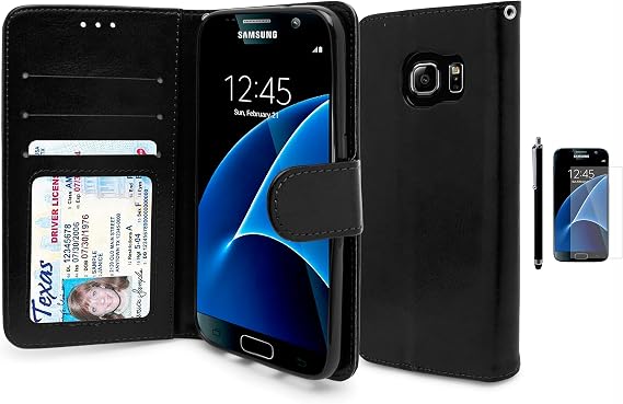 Samsung Galaxy S7 Wallet Case, Bastex Shiny PU Leather Black Flip Wallet Credit Card Cover for Samsung Galaxy S7 ** Includes Screen Protector and Stylus **