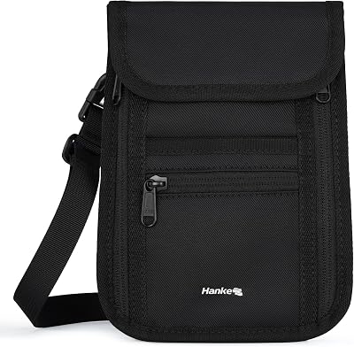 Hanke Passport Holder, Travel Wallet for Womens and Men, Neck Wallet Hidden Passport Pouch for Travel Adjustable Lightweight Thin with 6 compartments Black