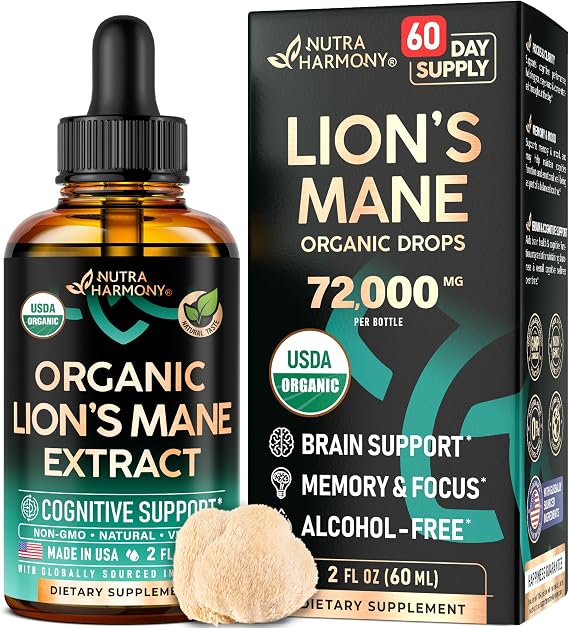 Lions Mane Liquid - USDA Organic Lions Mane Supplement 72,000 mg - 2 Oz