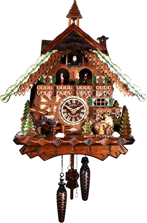 Engstler Quartz Cuckoo Clock Black Forest house with moving wood chopper and mill wheel, with music