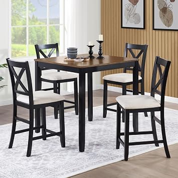 5-Piece Wood Dining Set 34.5" Square Dining Table for 4 with Upholstered Chairs Mid-Century Modern Breakfast Table and 4 Chairs for Kitchen Dining Room, Black