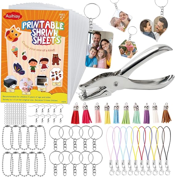 Auihiay Printable Shrink Sheets Dink Kit, 12PCS Semitransparent Shrink Papers with Key Rings, Earring, Lanyards, Hole Punch Accessories for Fathers Day, DIY Keychain Making Crafts (8.5 x 11 inch)