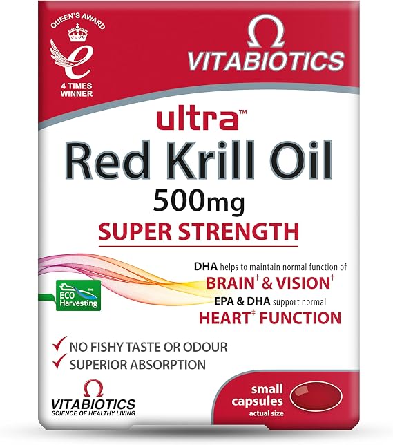 Vitabiotics Ultra Red Krill Oil Nutritional Supplement Capsule with Omega 3-9 Fatty Acids DHA EPA Astaxanthin for Heart Brain and Eye Vision Support from Antarctic Marine Phospholipids